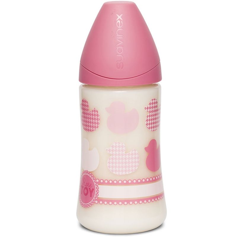 Biberon 3 vitesses rose clair motif aléatoire (270 ml) Suavinex