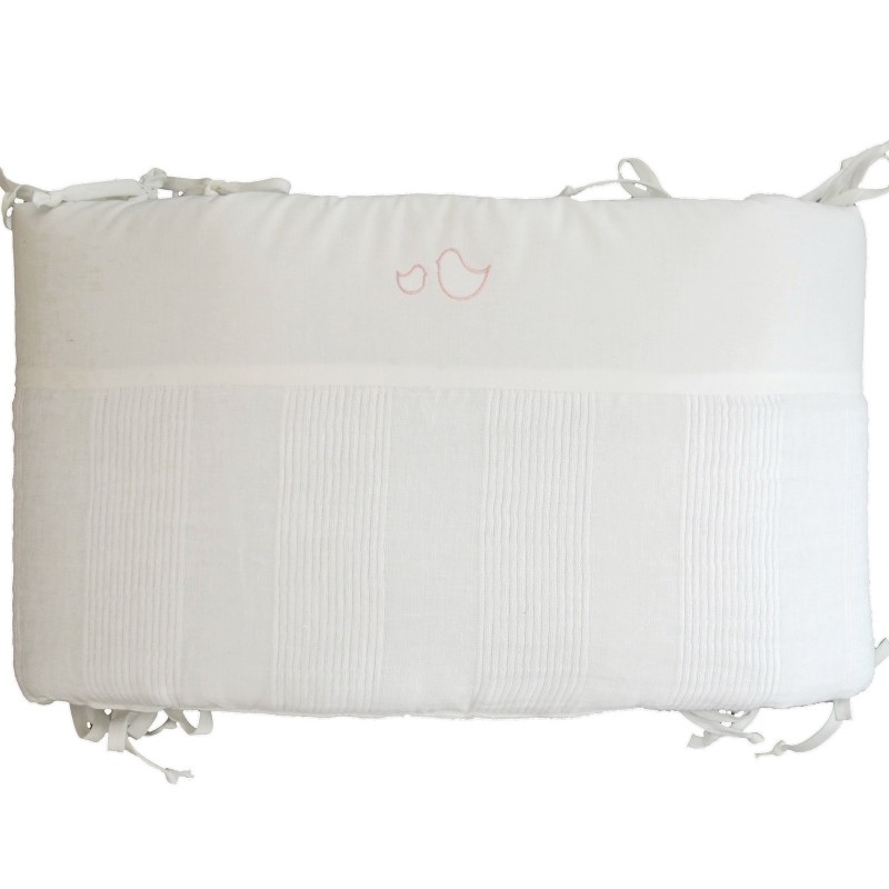 Tour de lit lin lavé blanc Oiseaux rose poudré (pour lits 60 x 120 cm et 70 x 140 cm) Blossom Paris