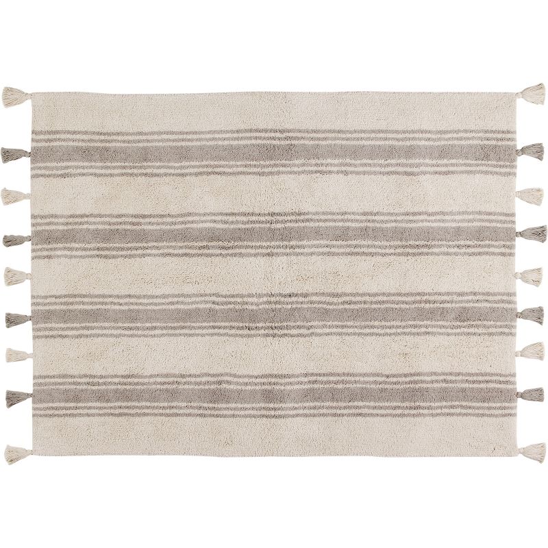 Tapis lavable rayé gris glacier sur fond crème avec pompons (120 x 160 cm) Lorena Canals