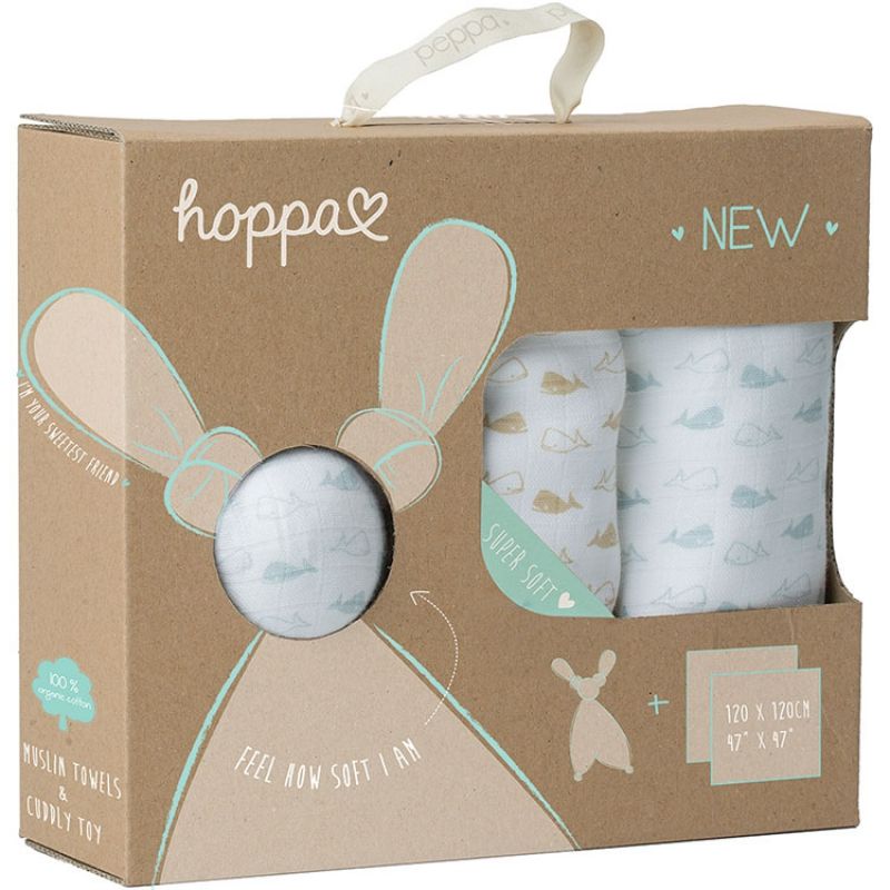 Coffret cadeau de naissance doudou Floppy et langes baleines (3 pièces) Hoppa