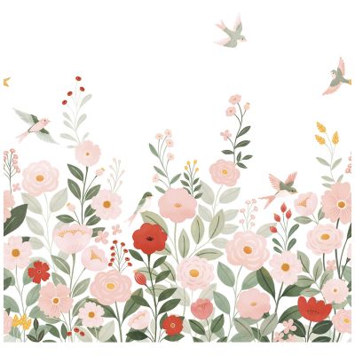 Papier peint panoramique Decor Alysse fleurs et oiseaux blanc (2m x 3m)  Lilipinso