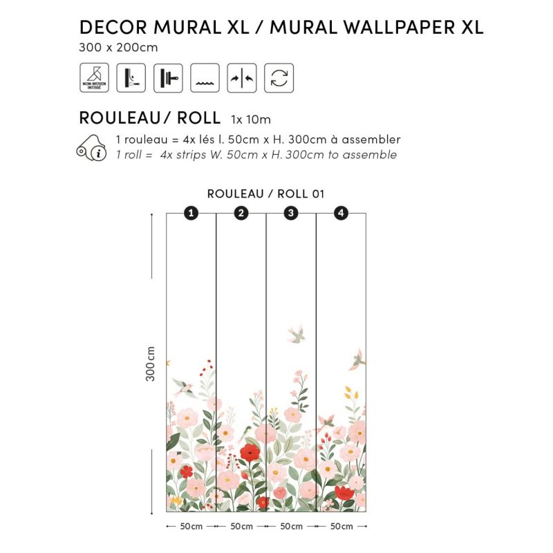 Papier peint panoramique Decor Alysse fleurs et oiseaux blanc (2m x 3m)  Lilipinso Produit 3