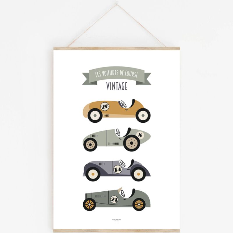 Affiche A3 Voitures de Course Vintage avec support Lutin Petit Pois