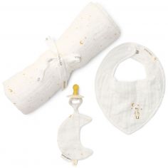 Coffret cadeau attache-sucette, bavoir bandana et lange XL Moon & Stars - Little Dutch