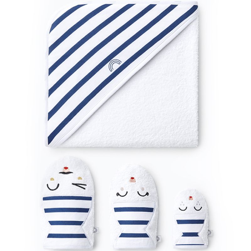 Cape de bain + 3 gants de toilette blancs rayures bleues (90 x 90 cm) Les petites billes