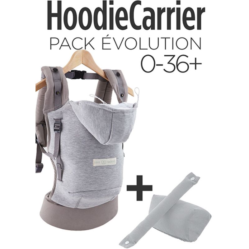 Porte bébé HoodieCarrier gris + booster réhausseur et cale-tête Love Radius