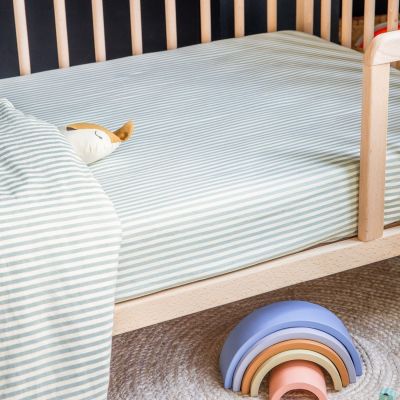 Drap housse en percale de coton Rayé Bleu Ardoise (70 x 140 cm)