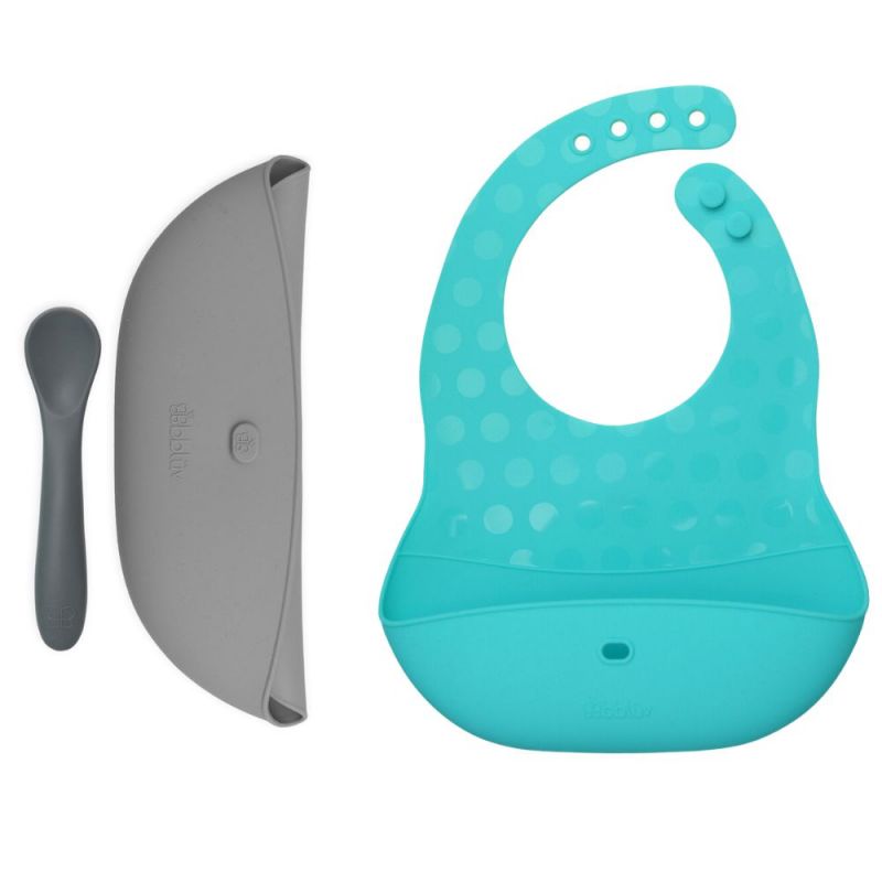 Ensemble 2 bavoirs et cuillère en silicone Pöket aqua et grey BBLUV