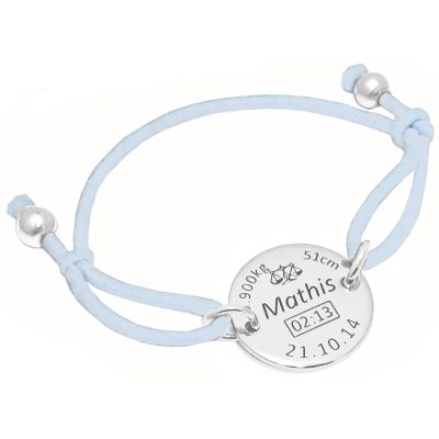 Bracelet cordon bleu clair médaille de naissance (argent 925° rhodié) Alomi