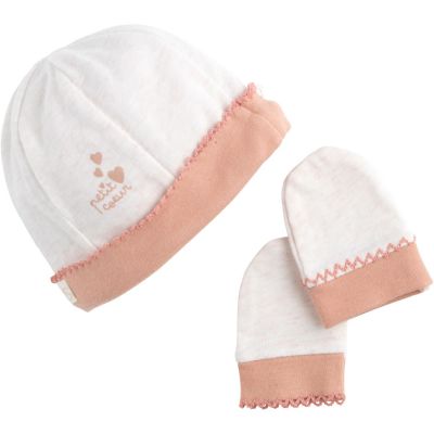 Ensemble bonnet et moufles de naissance Petit Cœur Sauthon