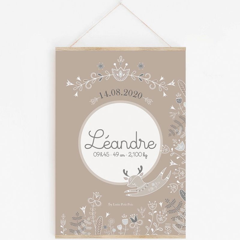 Affiche de naissance A3 Petit renne avec support (personnalisable) Lutin Petit Pois
