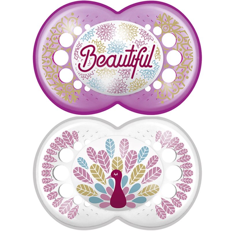 Lot de 2 sucettes anatomiques Décor Beautiful et paon en silicone (18 mois et +) MAM