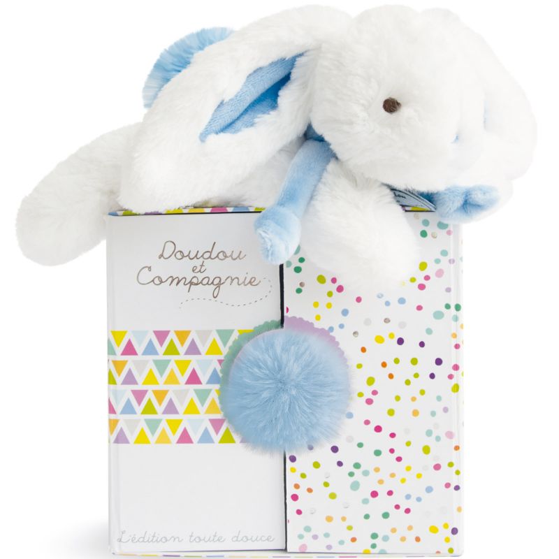 Coffret peluche lapin Coucou Coffret doudou bleu pastel (20 cm) Doudou et Compagnie
