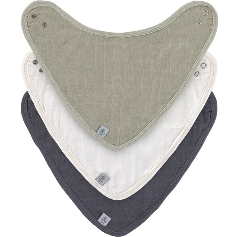 Lot de 3 bavoirs bandanas en mousseline Cozy Care olive, blanc et bleu Lässig
