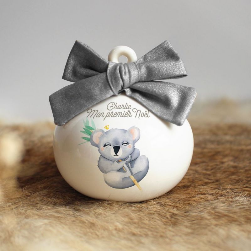 Boule de Noël en porcelaine Koala nœud argenté (personnalisable) Gaëlle Duval