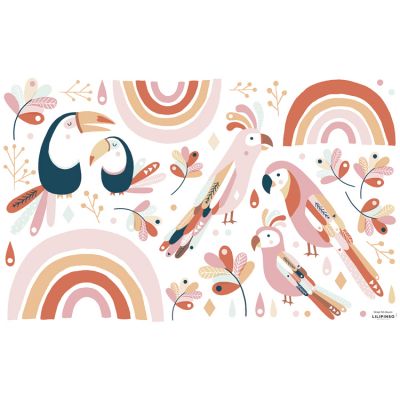 Grand sticker Paradisio oiseaux exotiques rose et orange (64 x 40 cm)