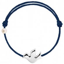 Bracelet cordon Colombe et perle bleu marine (or blanc 750°)  par Claverin
