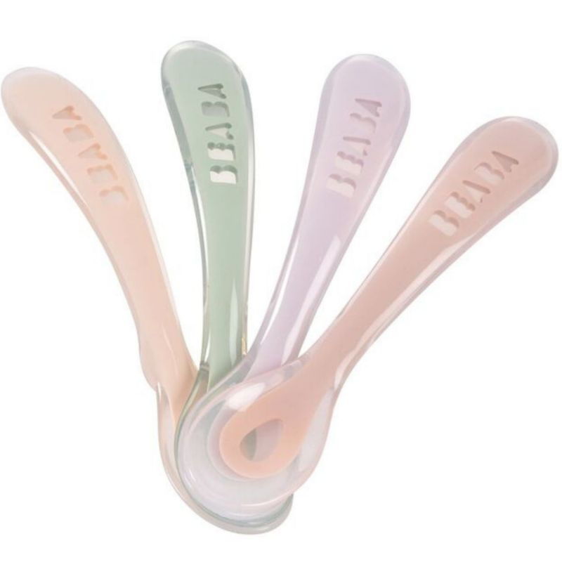 Lot de 4 cuillères silicone 2ème âge Set Barbe à papa Guimauve Vert de gris Lila Béaba Produit 1