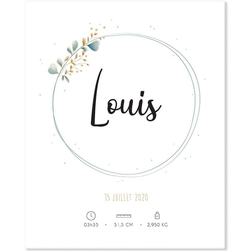 Tableau de naissance eucalyptus doré personnalisable (33 x 41 cm) Mes Mots Déco