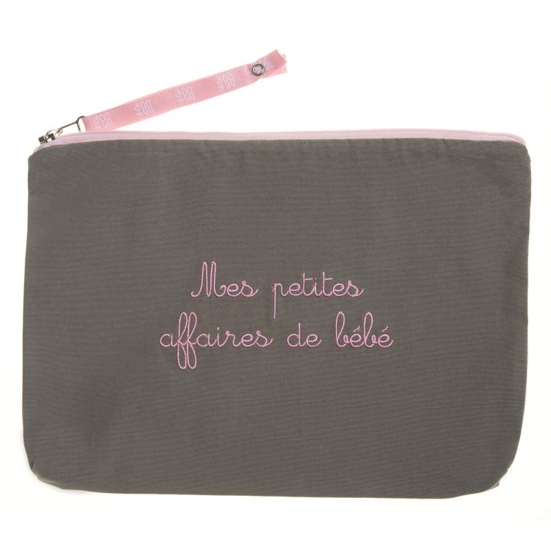 pochette bébé brodée Mes petites affaires de bébé taupe - rose BB & Co