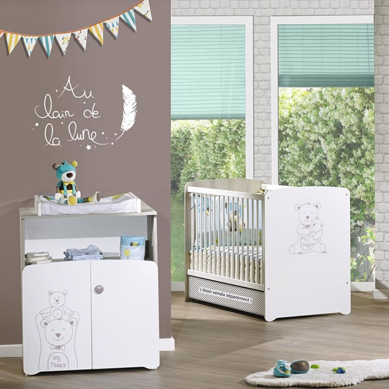 Image d'ambiance de présentation du produit Pack duo lit bébé têtes panneaux et commode à langer Teddy - Baby Price