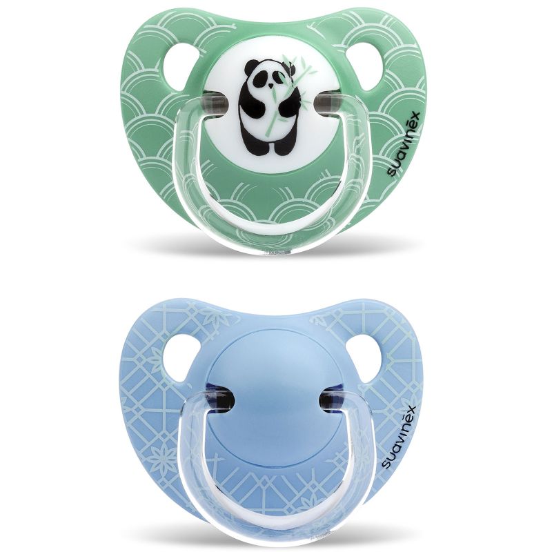 Lot de 2 sucettes physiologiques Panda vert et fleurs bleues en silicone garçon (6-18 mois) Suavinex