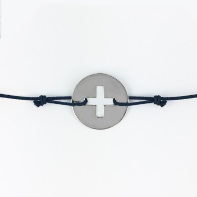 Bracelet cordon bébé médaille Signes Croix Latine 16 mm (or blanc 750°) Maison La Couronne