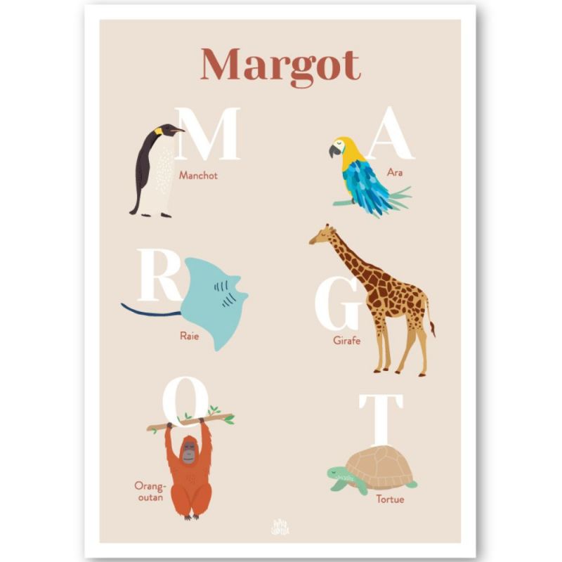 Affiche A3 abécédaire animaux beige (personnalisable) Papier curieux