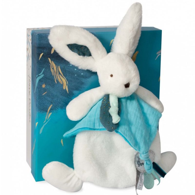 Doudou plat avec coffret lapin bleu-vert Happy Pop Doudou et Compagnie