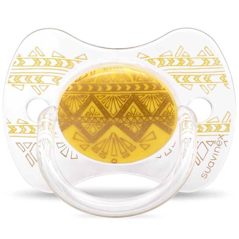 Sucette anatomique réversible Couture Ethnic jaune et doré en silicone (18 mois et +) Suavinex