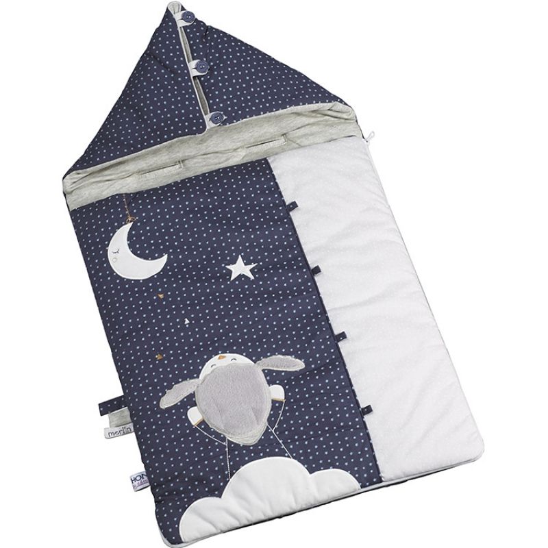 Nid d'ange passe sangle Merlin mouton bleu (80 cm) Sauthon
