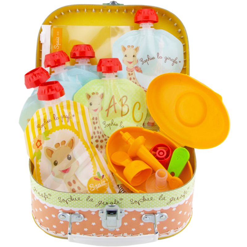 Coffret 6 gourdes réutilisables et accessoires Sophie la Girafe (90 et 130 ml) Squiz