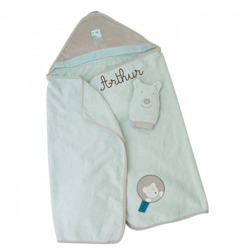 Sortie de bain et gant Céladon personnalisable Basile et Lola Moulin Roty