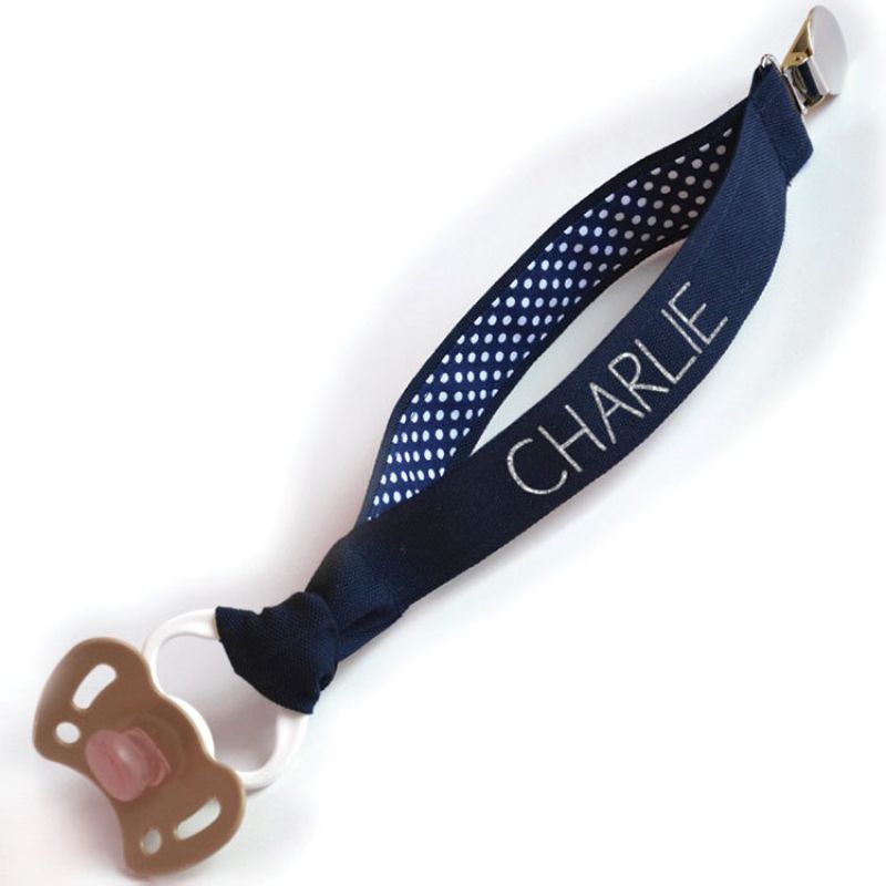 Attache sucette pois bleu marine (personnalisable) Les Griottes