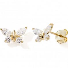 Boucles D'oreilles Papillon Zircons 18 Carats Plaqué Or Jaune - Marque DJADEE, Neuf Avec étiquettes