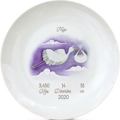Assiette de naissance Cigogne violette (personnalisable)