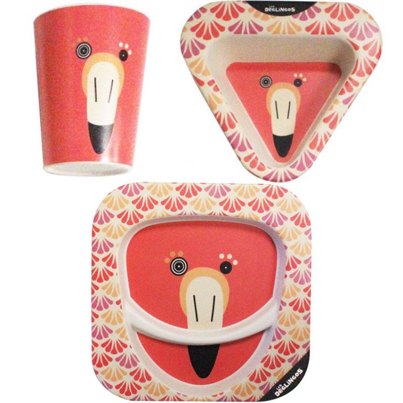 Coffret repas en bambou Flamingos le flamant rose (3 pièces) Les Déglingos