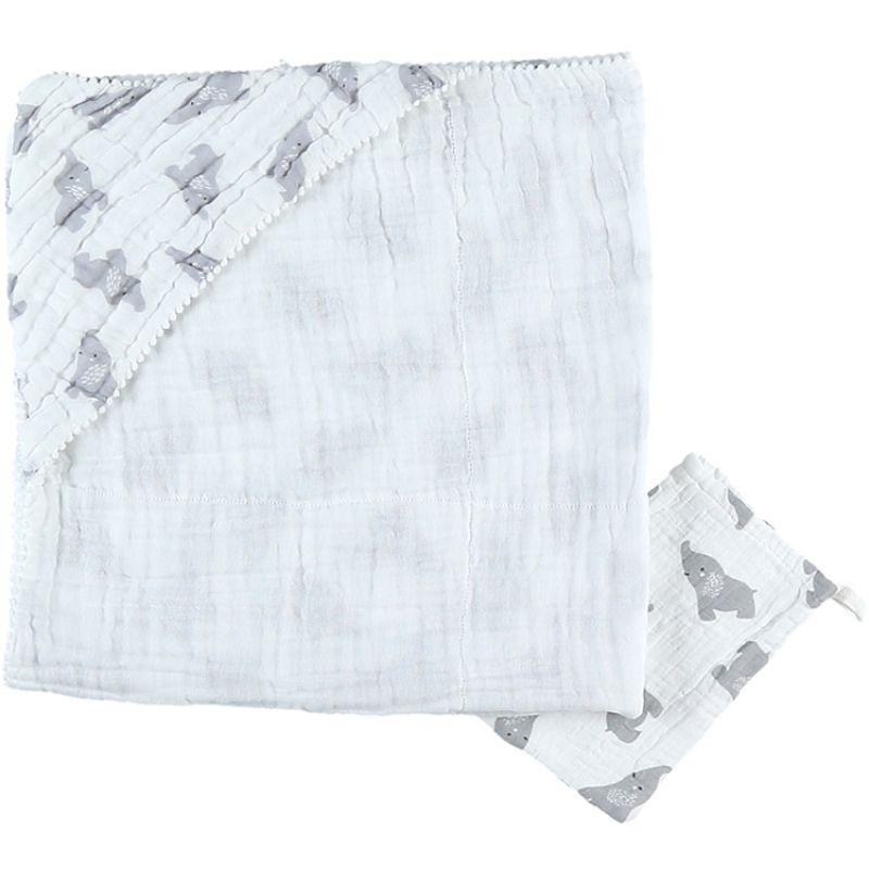 Cape de bain + gant en mousseline de coton Eléphant gris (75 x 75 cm) Noukie's