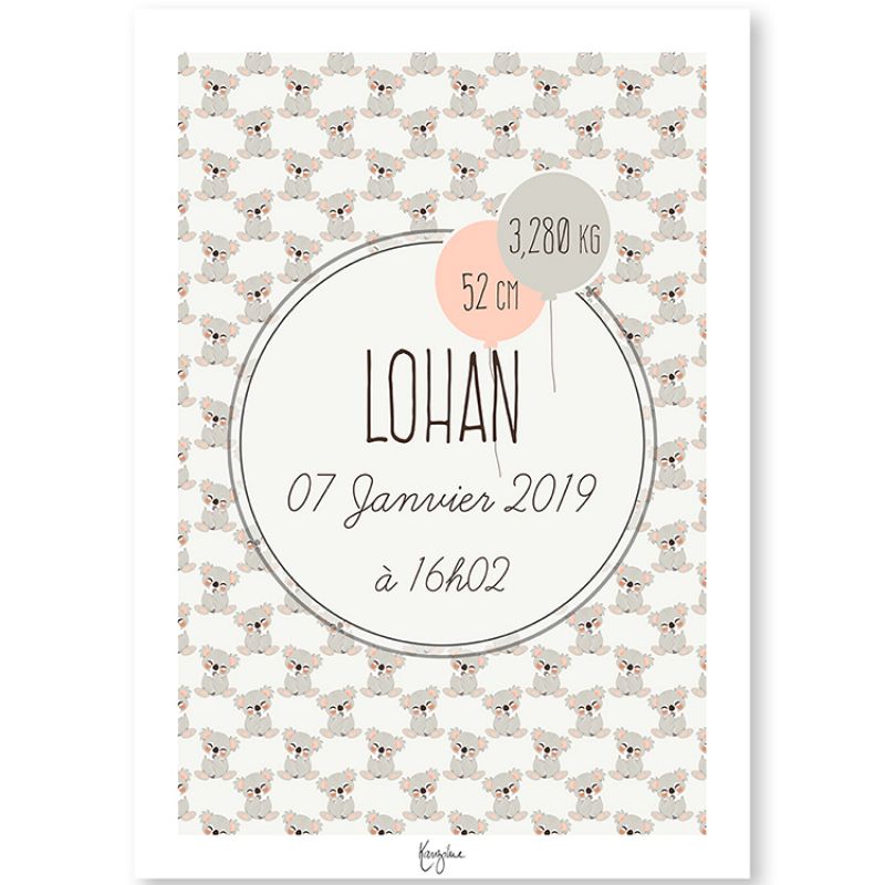 Affiche de naissance A3 Animignons Koala (personnalisable) Kanzilue