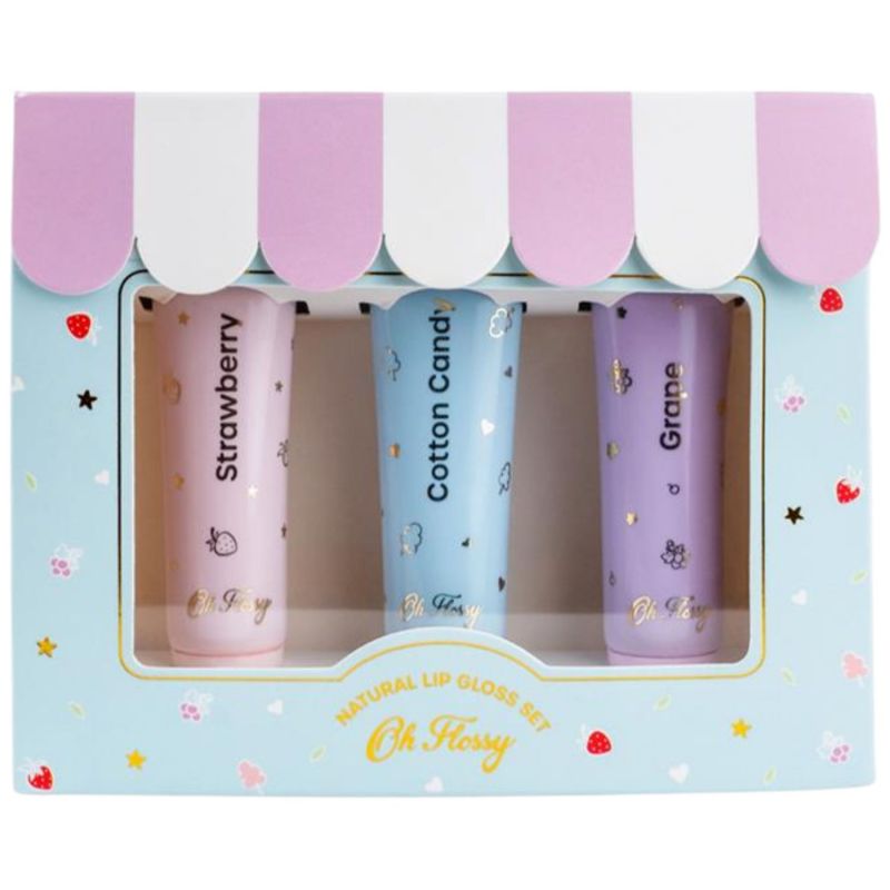 Coffret de 3 Lipgloss parfumés (fraise, barbe à papa et raisin) Oh Flossy Packaging 1