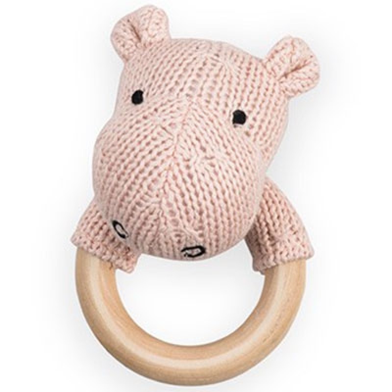 Hochet anneau en bois hippopotame pêche Jollein