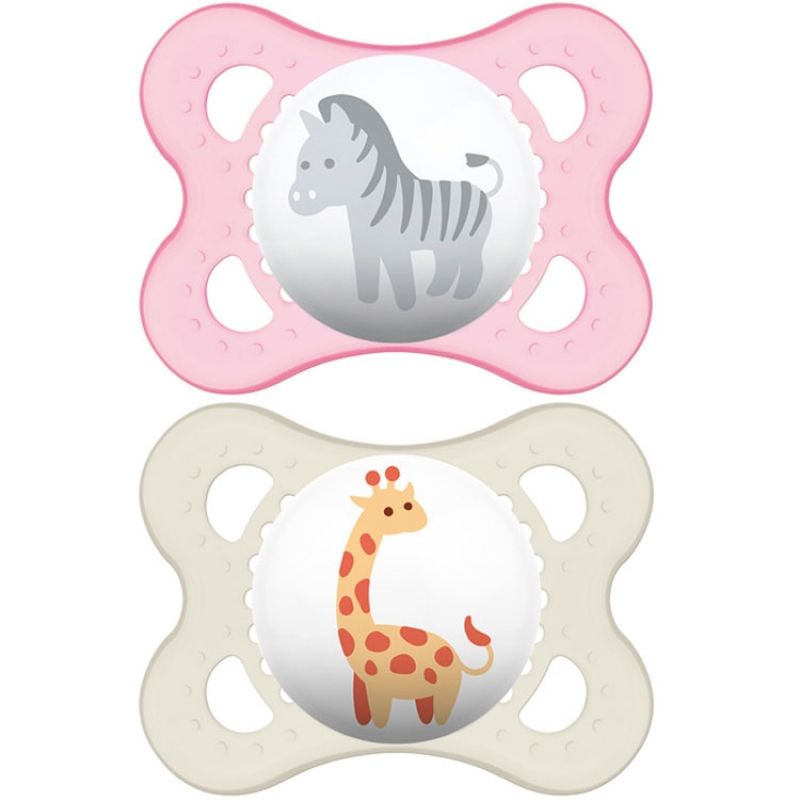 Lot de 2 sucettes anatomiques Décor animaux fille en silicone (0-6 mois) MAM
