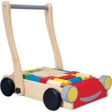 Chariot de marche et blocs de construction en bois  par Plan Toys