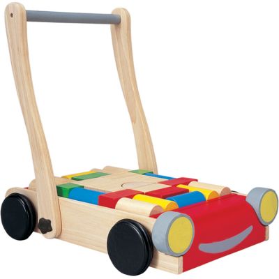 Chariot de marche et blocs de construction en bois Plan Toys