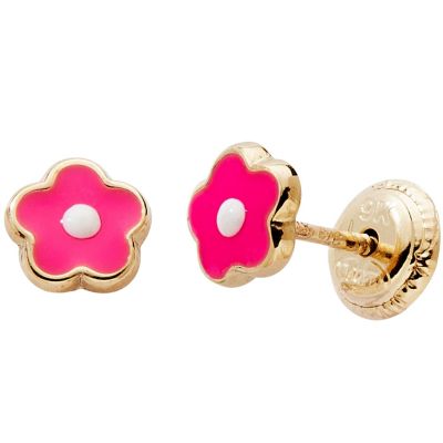 Boucles d'oreilles Fleur laquée Fushia-Blanc (or jaune 375°)