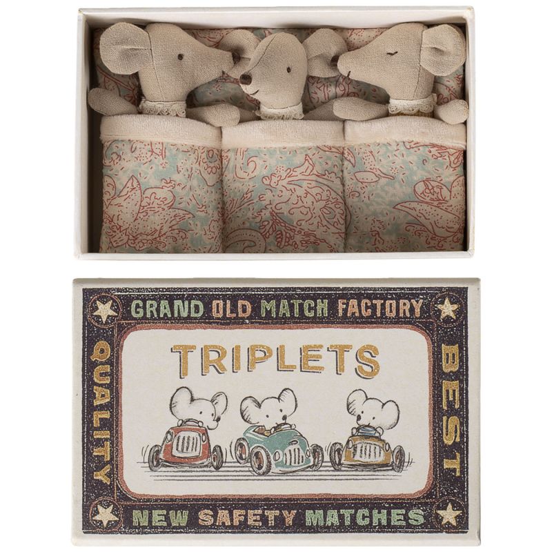 Triplés Bébés souris dans leur boîte assortie Vichy Maileg Produit 1