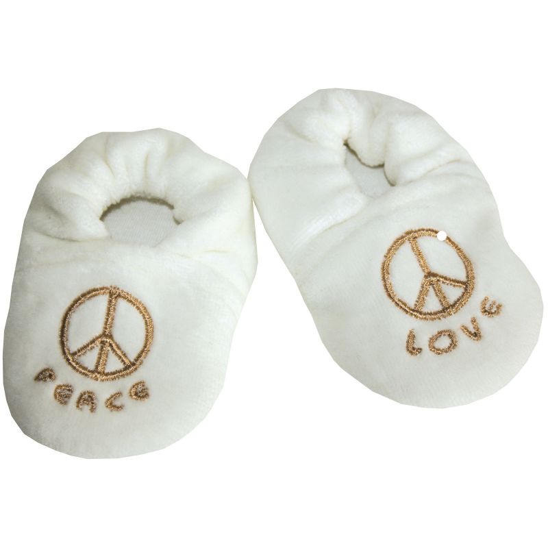 Chaussons de naissance velours brodé ''Peace & Love'' écru - or (0-6 mois) BB & Co