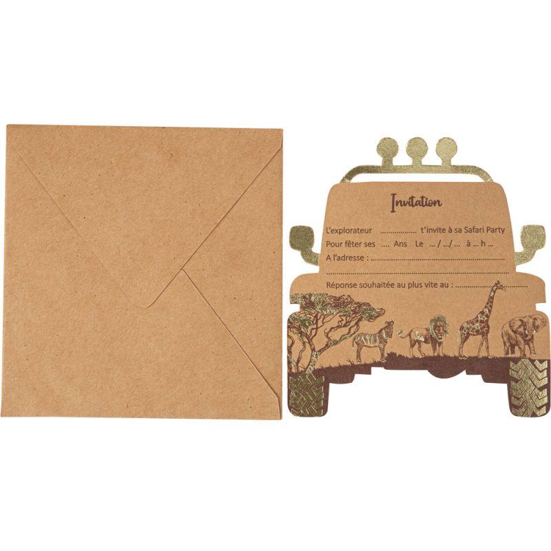 Lot de 8 invitations et enveloppes Safari Kraft Arty Fêtes Factory