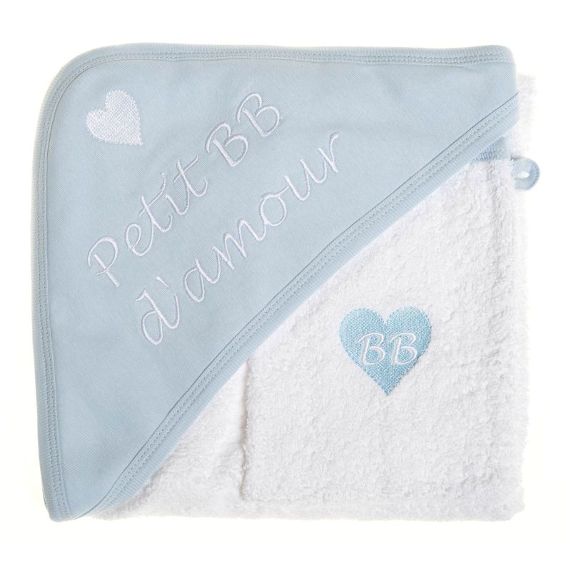 Cape de bain brodée ''Petit BB d'amour'' et gant blanc et bleu BB & Co