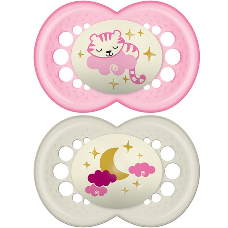Lot de 2 sucettes anatomiques Nuit chat rose (6 mois et +) MAM